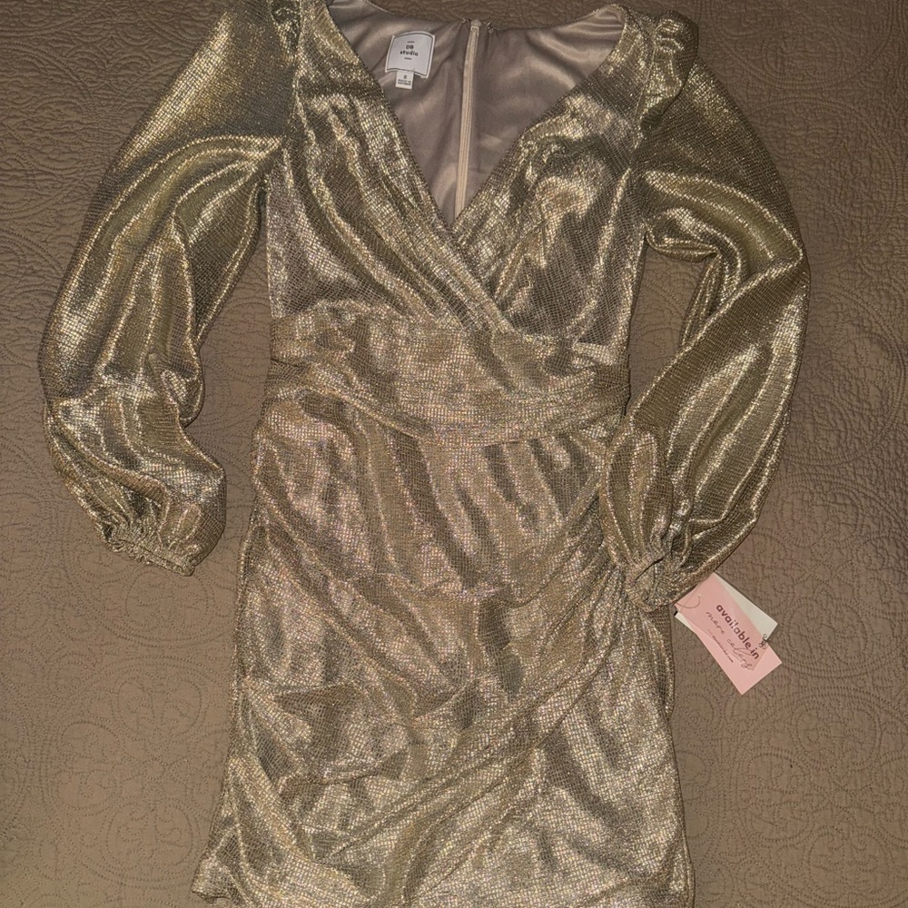 David's Bridal Gold Bodycon Mini Dress with V-Neck